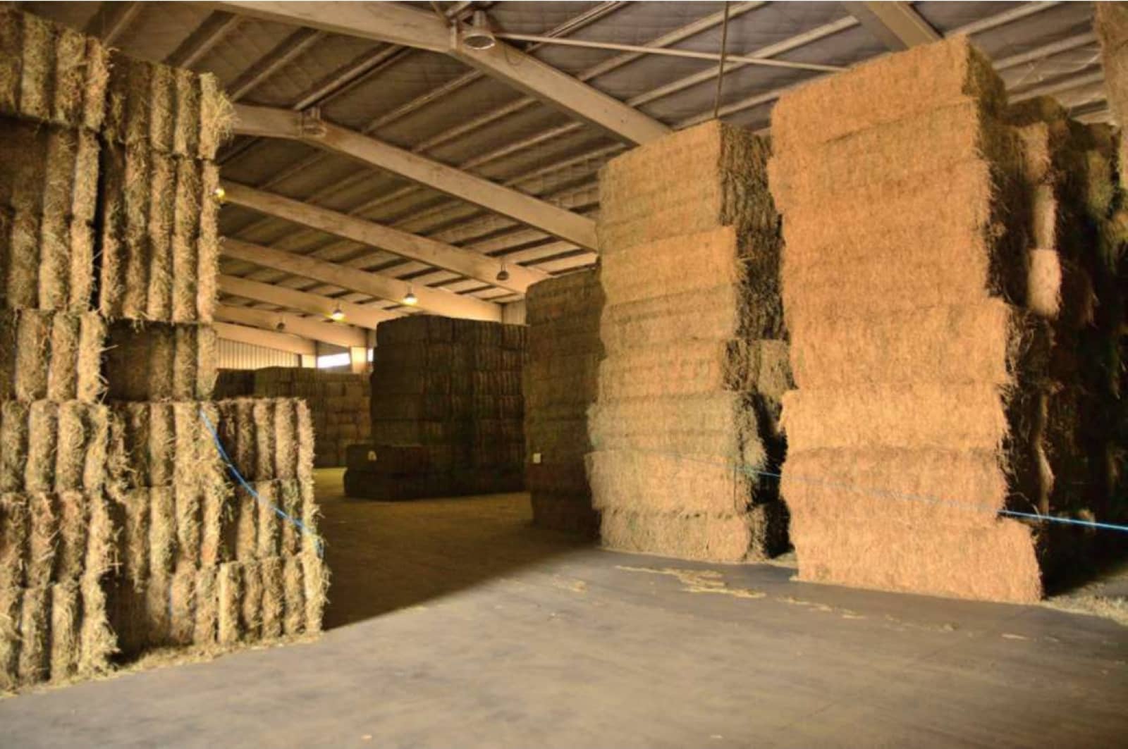 Stock of large bales organised in a warehouse