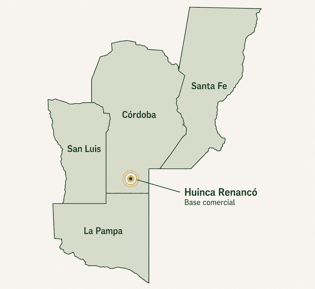 Mapa de presencia regional de HT Semillas en San Luis, Córdoba, Santa Fe y La Pampa, con base comercial en Huinca Renancó